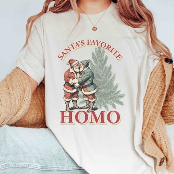 Santas Favorite Homo Gay Christmas Shirt, Funny Lesbian Christmas T-Shirt - Picture 1 of 3